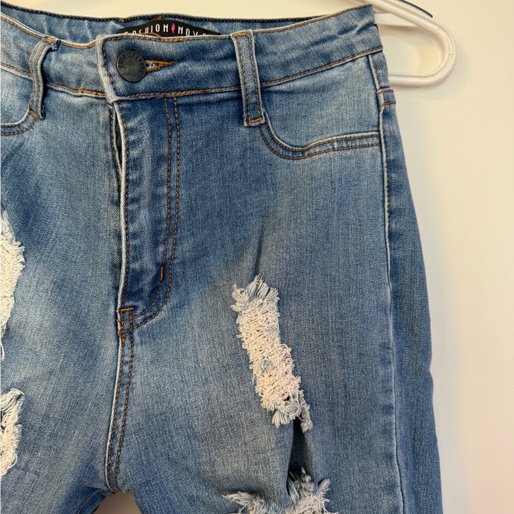 Fashion Nova Blue High Rise Distressed Jeans